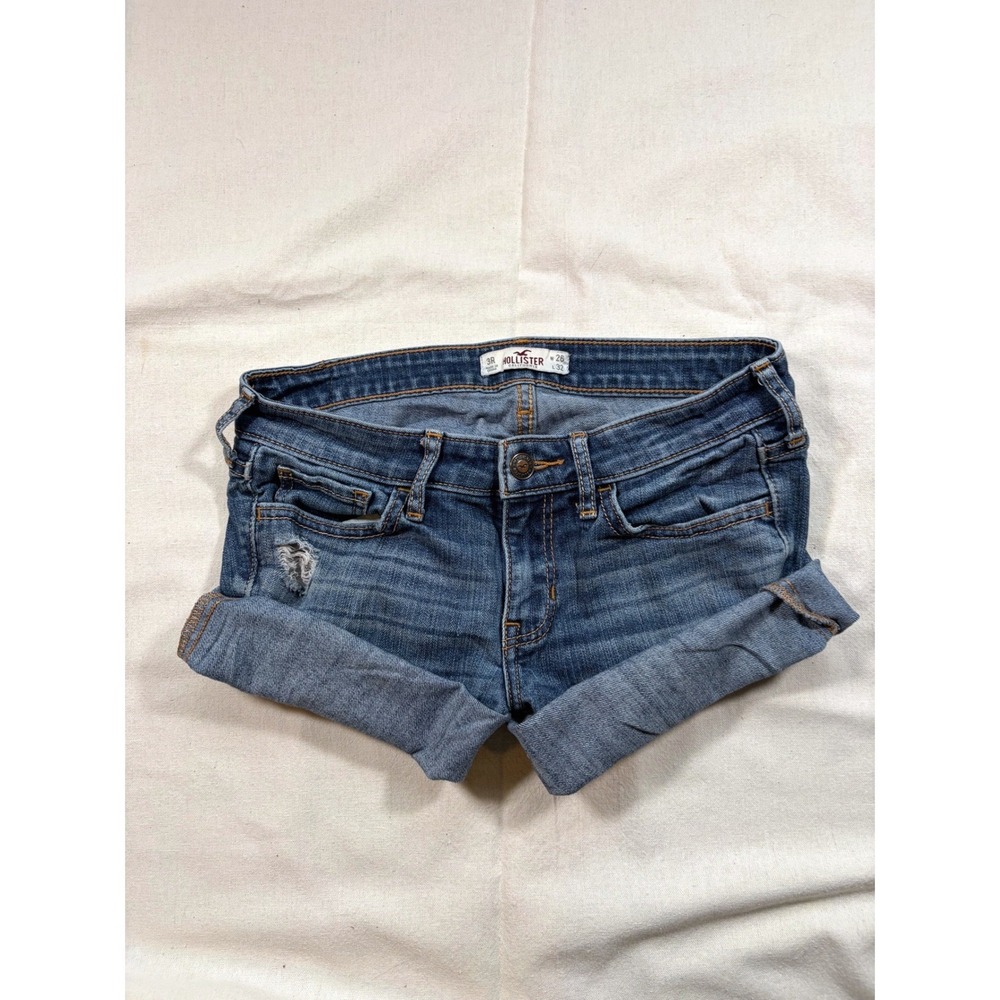 Y2K Sleeze Micro Hollister Medium Wash Distressed Cuffed Denim Shorts 3R W26